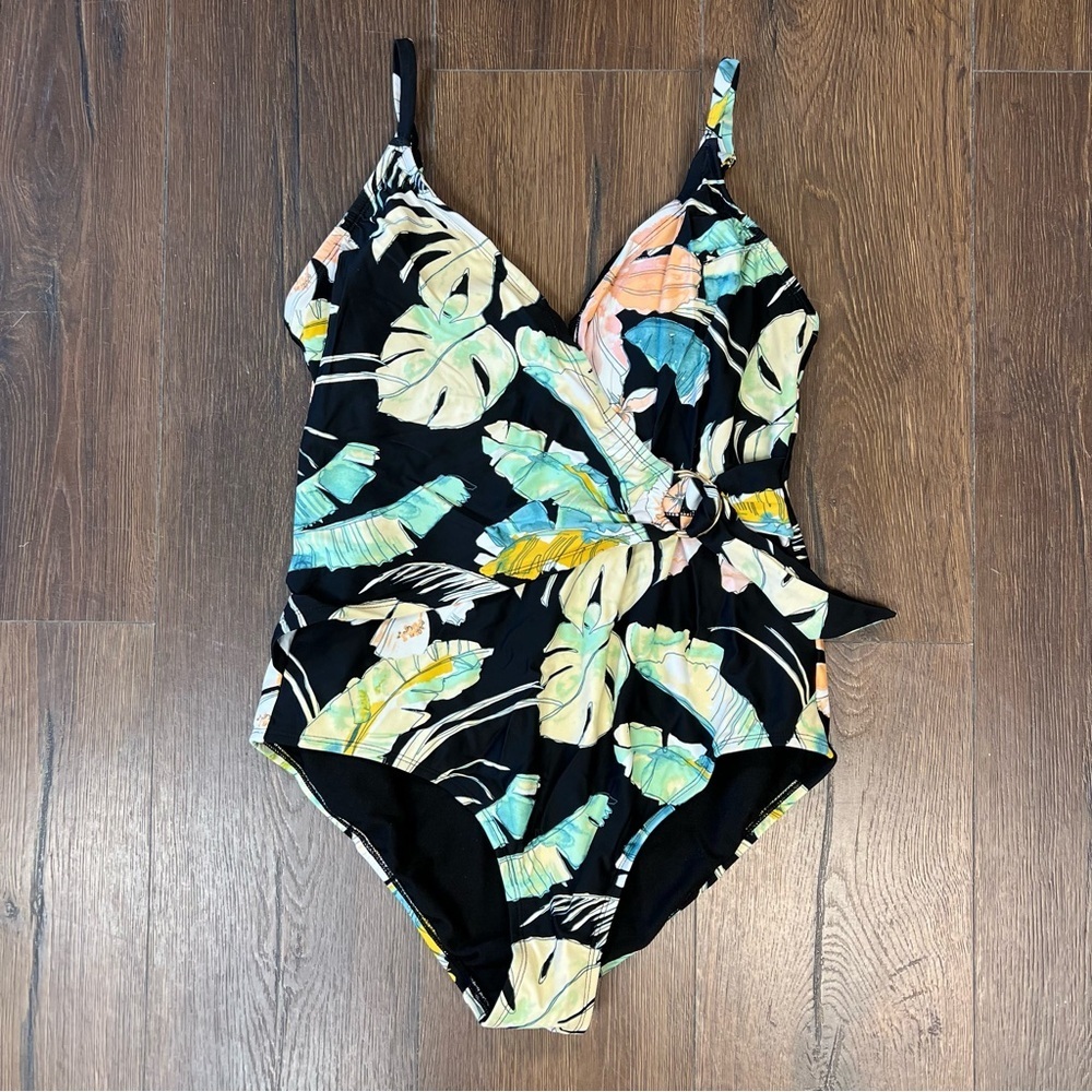 Kona Sol Black Tropical One Piece Swimsuit SZ LG